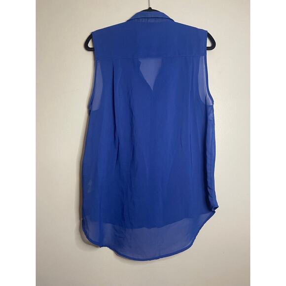 H&M Royal Blue Chiffon High Low Button Collared Sleeveless Round Hem Sheer Mesh - Picture 4 of 4